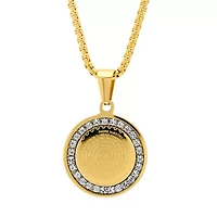 Ladies stainless steel Padre Nuestro prayer round pendant with simulated diamonds