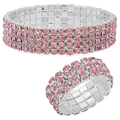 Ladies metallic stretch bracelet and ring set with simulated pink diamonds