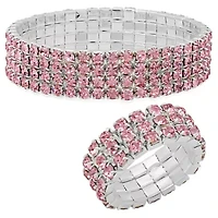 Ladies metallic stretch bracelet and ring set with simulated pink diamonds