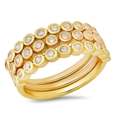 Ladies 18k gold plated brass and simulated diamonds stackable 3pc band rings