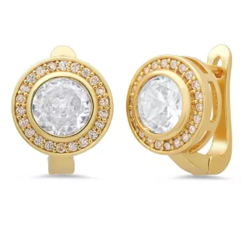 Ladies 18k gold plated brass and simulated diamond round lever back earrings