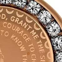 Ladies 18k rose gold plated stainless steel Serenity prayer round pendant with simulated diamonds