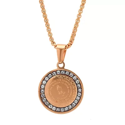 Ladies 18k rose gold plated stainless steel Serenity prayer round pendant with simulated diamonds