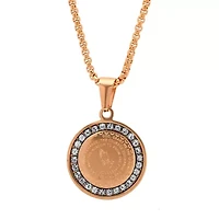 Ladies 18k rose gold plated stainless steel Serenity prayer round pendant with simulated diamonds