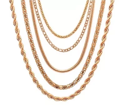 Ladies 18k Rose Gold Plated 5 pc Assorted Chain Set Figaro, Snake, Popcorn, Rope, and Conan Styles