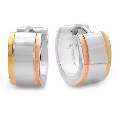 Ladies tri tones stainless steel, 18k gold plated and 18k rose gold plated huggie earrings