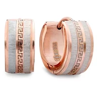 Ladies 18k rose gold plated stainless steel huggie with greek key and stainless steel accent