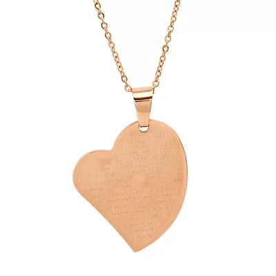 Ladies 18k rose gold plated stainless steel Pai Nosso portuguese prayer heart pendant