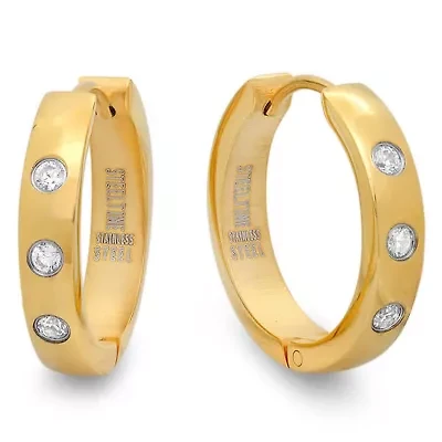 Ladies 18k gold plated stainless steel and simulated diamonds hoop earrings