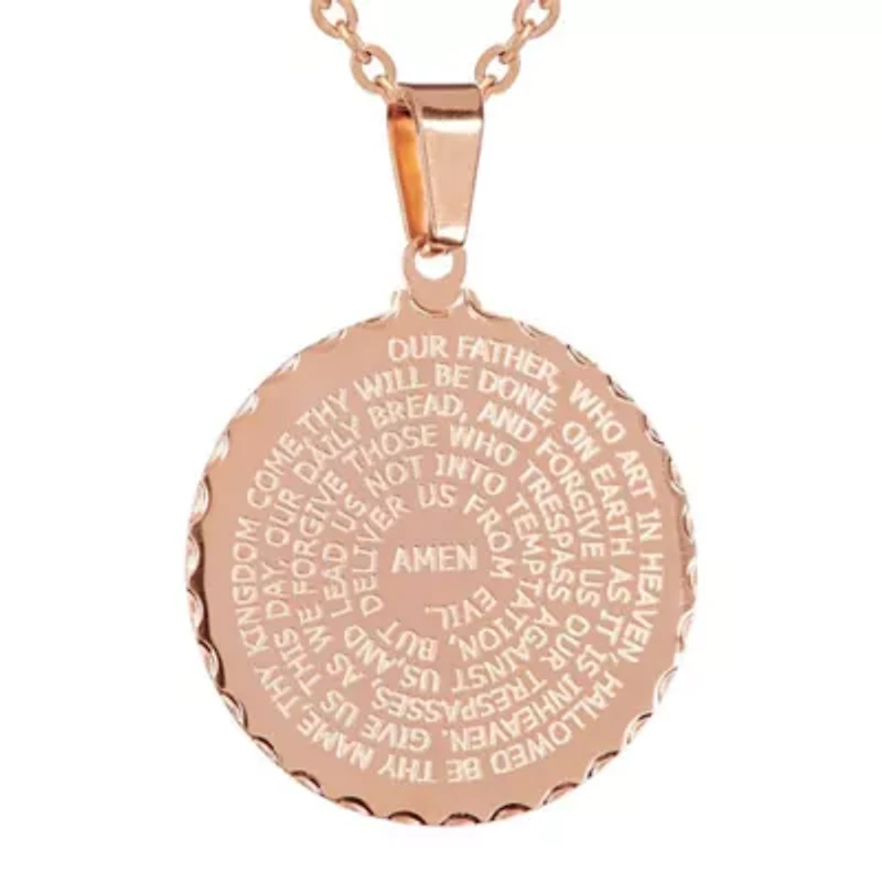 Ladies 18kt rose gold plated stainless steel english prayer round pendant with 18'' ball chain