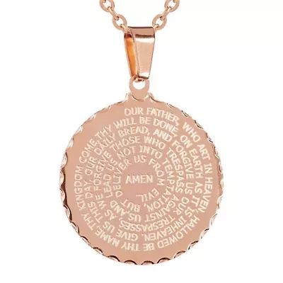 Ladies 18kt rose gold plated stainless steel english prayer round pendant with 18'' ball chain