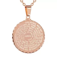 Ladies 18kt rose gold plated stainless steel english prayer round pendant with 18'' ball chain