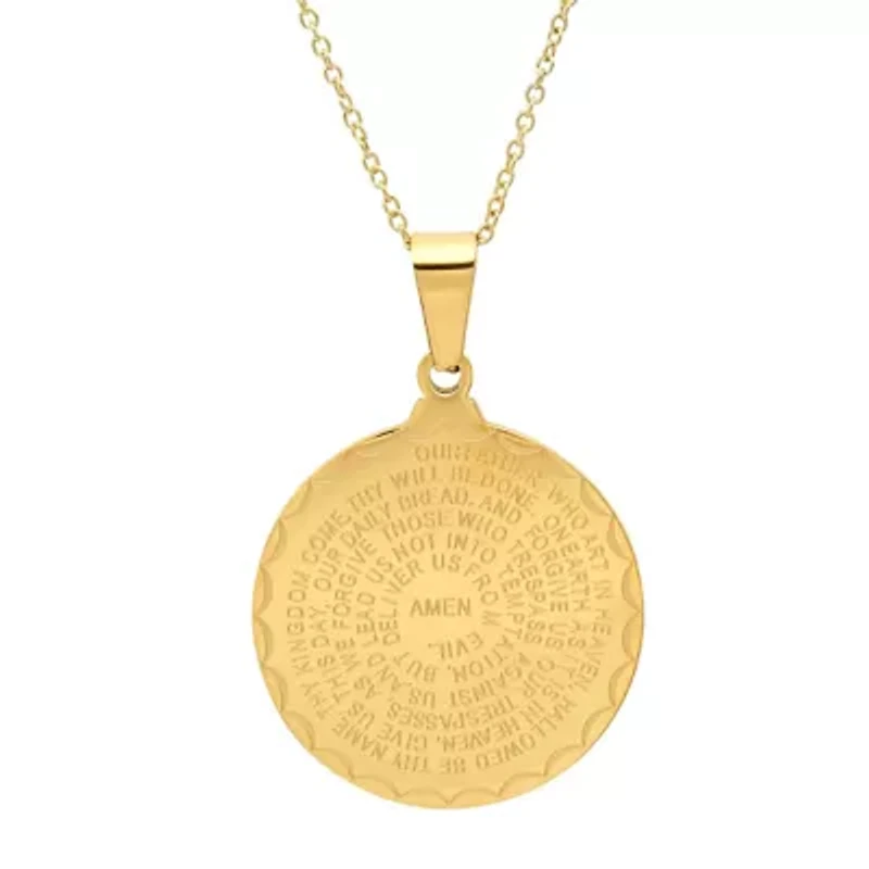 Ladies 18kt gold plated stainless steel Our Father english prayer and prayer hands round reversible pendant