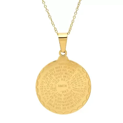Ladies 18kt gold plated stainless steel Our Father english prayer and prayer hands round reversible pendant