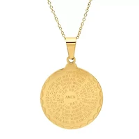 Ladies 18kt gold plated stainless steel Our Father english prayer and prayer hands round reversible pendant