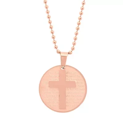 18k rose gold plated stainless steel round our father prayer pendant with cross