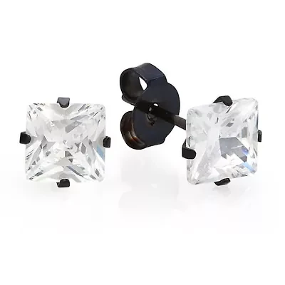 Ladies black ip stainless steel and simulated diamonds stud earrings
