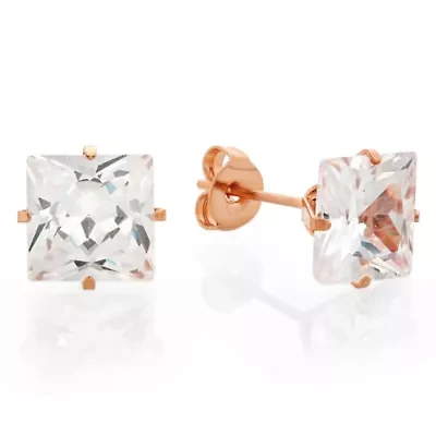 Ladies 18kt rose gold plated stainless steel square simulated diamonds stud earrings