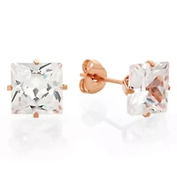 Ladies 18kt rose gold plated stainless steel square simulated diamonds stud earrings