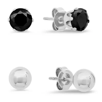 Ladies stainless steel black simulated diamond and ball stud earrings set