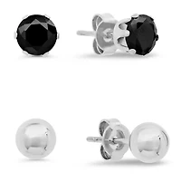 Ladies stainless steel black simulated diamond and ball stud earrings set