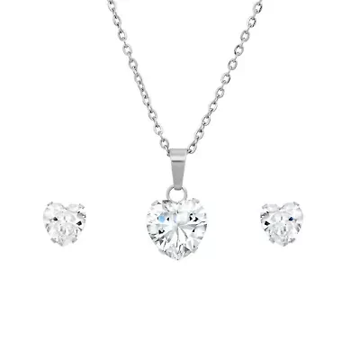 Ladies stainless steel simulated heart shape diamonds earrings/pendant set