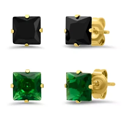 Ladies 18k gold plated stainless steel 2pc simulated green and black princess cut diamond studs