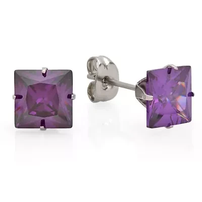 Ladies Black Ip Stainless Steel Simulated Purple Princess Diamond Stud Earrings