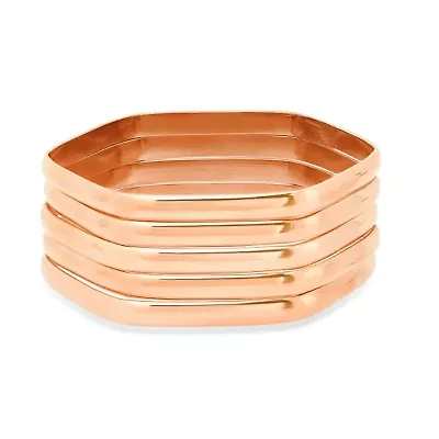 Ladies 18k rose gold plated stainless steel set of 5 hexagon bangles bracelets