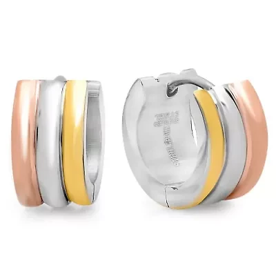 Ladies tricolor stainless steel, 18k gold plated stainless steel, and 18k rose gold plated stainless steel huggie earrings