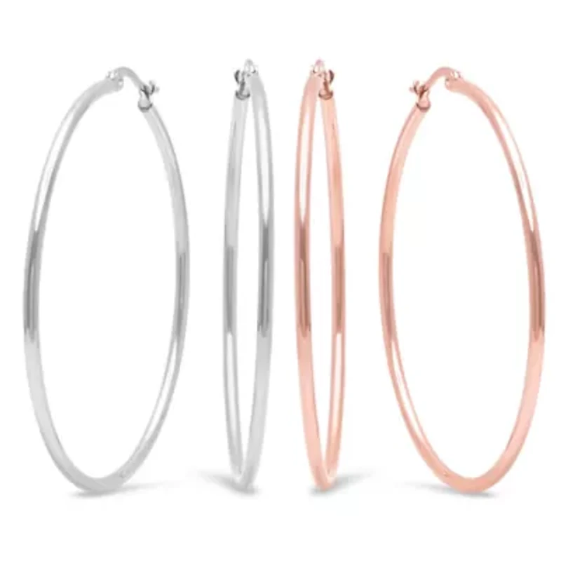 Set of 2 stainless steel and 18kt rose gold plated 50mm hoop earrings