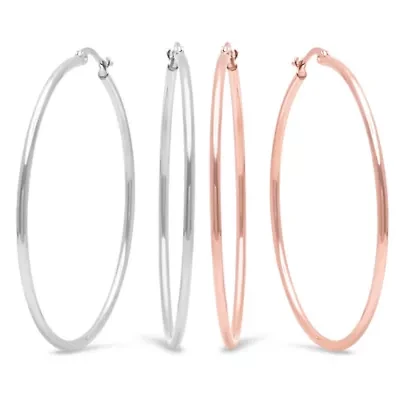 Set of 2 stainless steel and 18kt rose gold plated 50mm hoop earrings