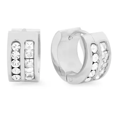 Ladies stainless steel huggie earrings with simulated diamonds and crystal accents