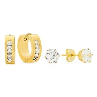 18k gold plated stainless steel set of 2 simulated diamond stud and simulated diamond huggie earrings