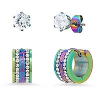 Ladies multi ip stainless steel and simulated diamonds stud/huggie 2pc set earrings with greek key accents