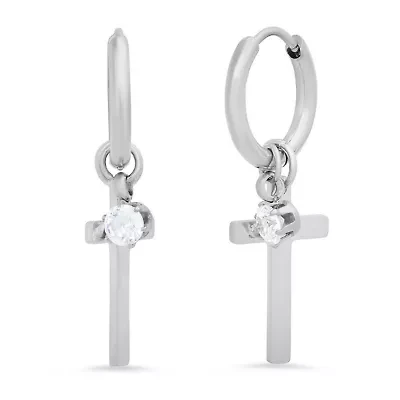 Ladies stainless steel huggies with simulated diamonds and cross charms earrings