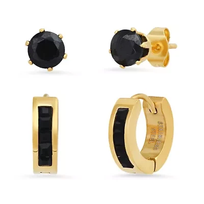 Ladies 18k gold plated stainless steel and black simulated diamonds studs/huggie earrings set