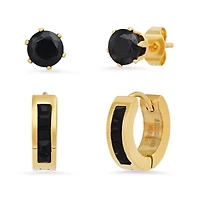 Ladies 18k gold plated stainless steel and black simulated diamonds studs/huggie earrings set