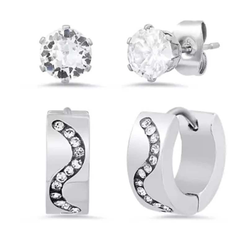 Ladies stainless steel and simulated diamonds studs/huggies 2pc earrings set