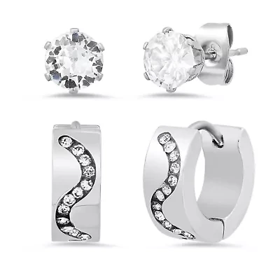 Ladies stainless steel and simulated diamonds studs/huggies 2pc earrings set