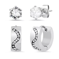 Ladies stainless steel and simulated diamonds studs/huggies 2pc earrings set