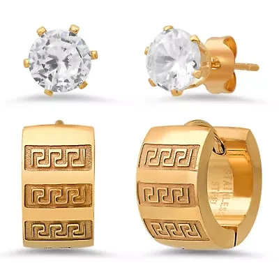 Ladies 18k gold plated stainless steel and simulated diamonds studs/huggie earrings 2pc set
