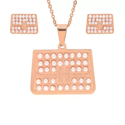 Ladies 18k rose gold plated stainless steel and simulated diamonds rectangle earrings/pendant set