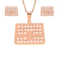Ladies 18k rose gold plated stainless steel and simulated diamonds rectangle earrings/pendant set