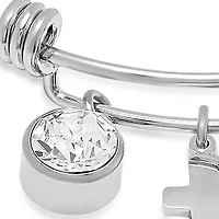 Ladies stainless steel charm bracelet with 'you are not alone', cross, and solitaire adorned with swarovski crystals