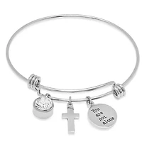 Ladies stainless steel charm bracelet with 'you are not alone', cross, and solitaire adorned with swarovski crystals