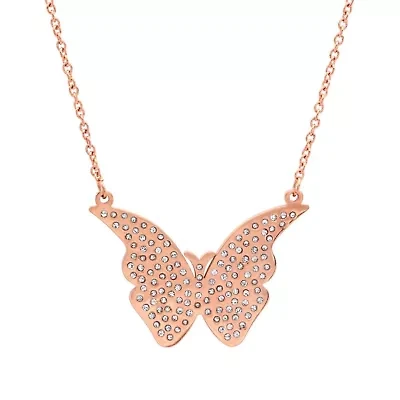 Ladies 18k rose gold plated stainless steel simulated diamond butterfly necklace