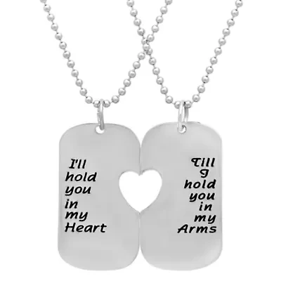 His and hers 18k white gold plated alloy 'I'll hold you in my heart' and 'till I hold you in my arms' dog tag necklaces