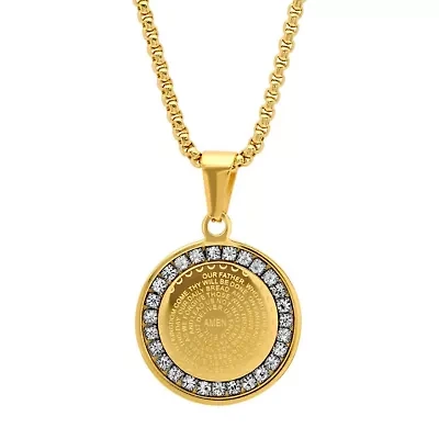 Ladies 18k gold plated stainless steel Our Father prayer round pendant with simulated diamonds