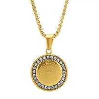 Ladies 18k gold plated stainless steel Our Father prayer round pendant with simulated diamonds